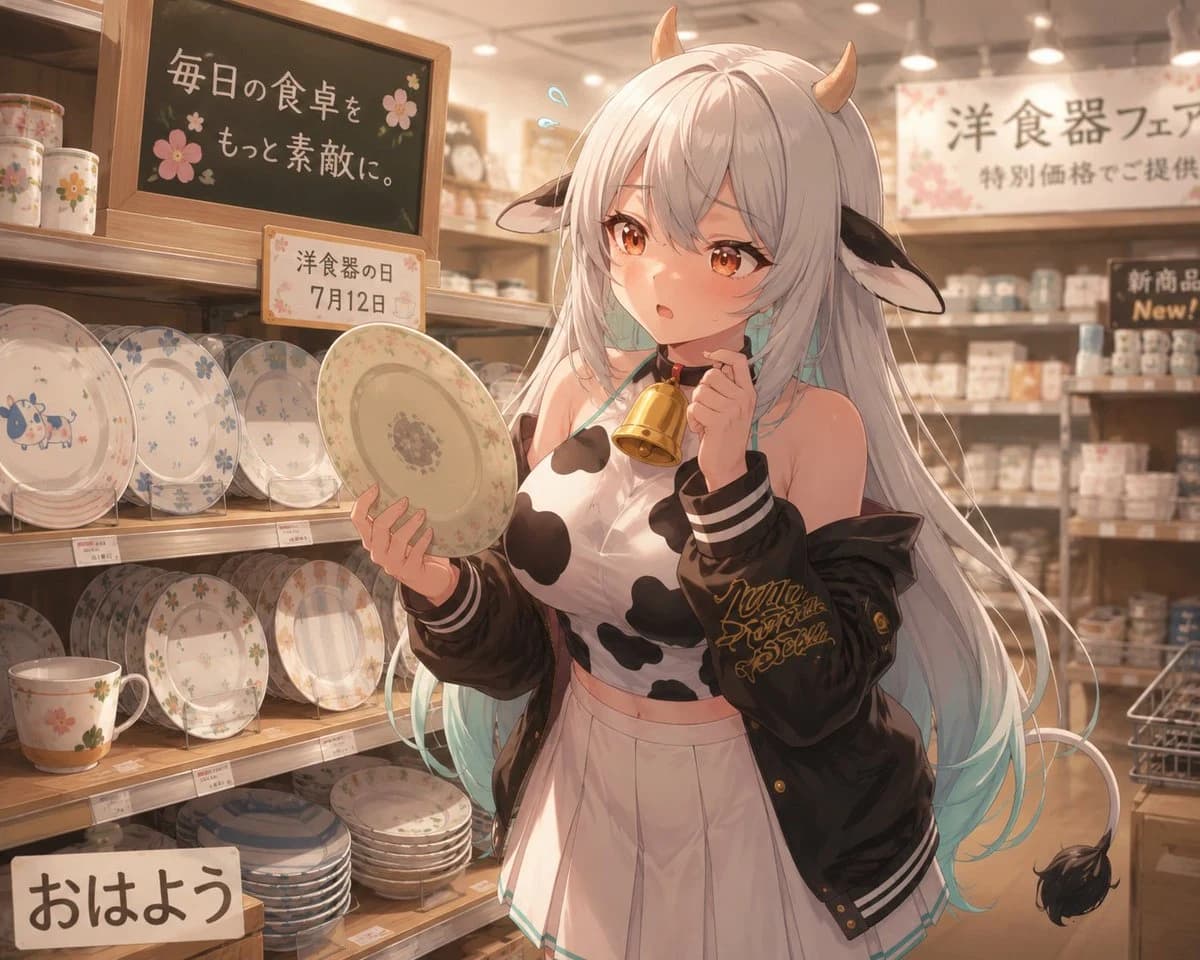 Cow Girl in Tableware Shop: social media prompt preview with platform-ready composition and clear design.