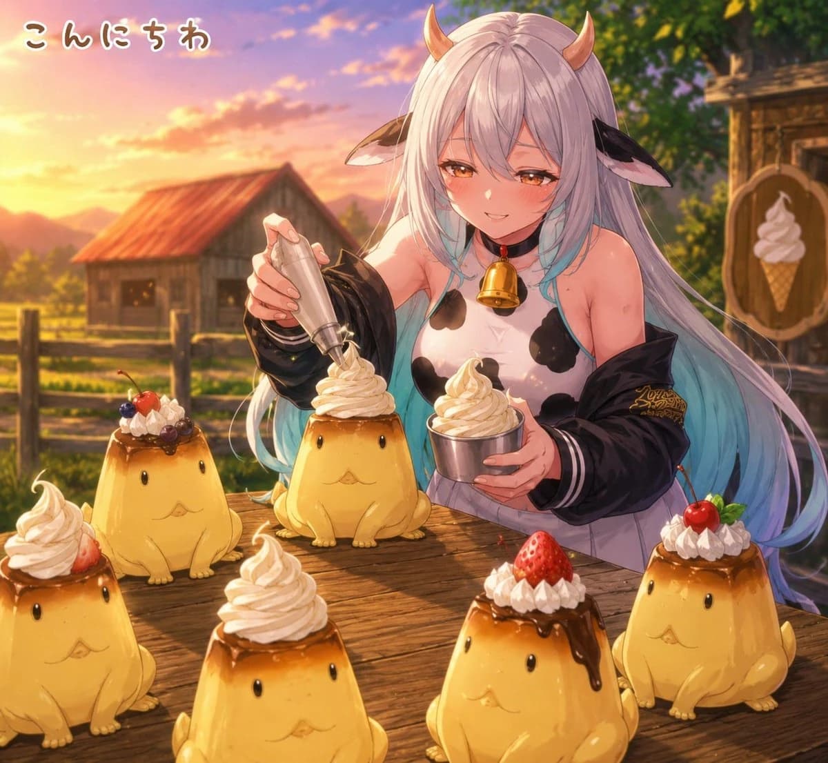 Anime cow girl serving cute pudding desserts at a sunset stall with small character treats