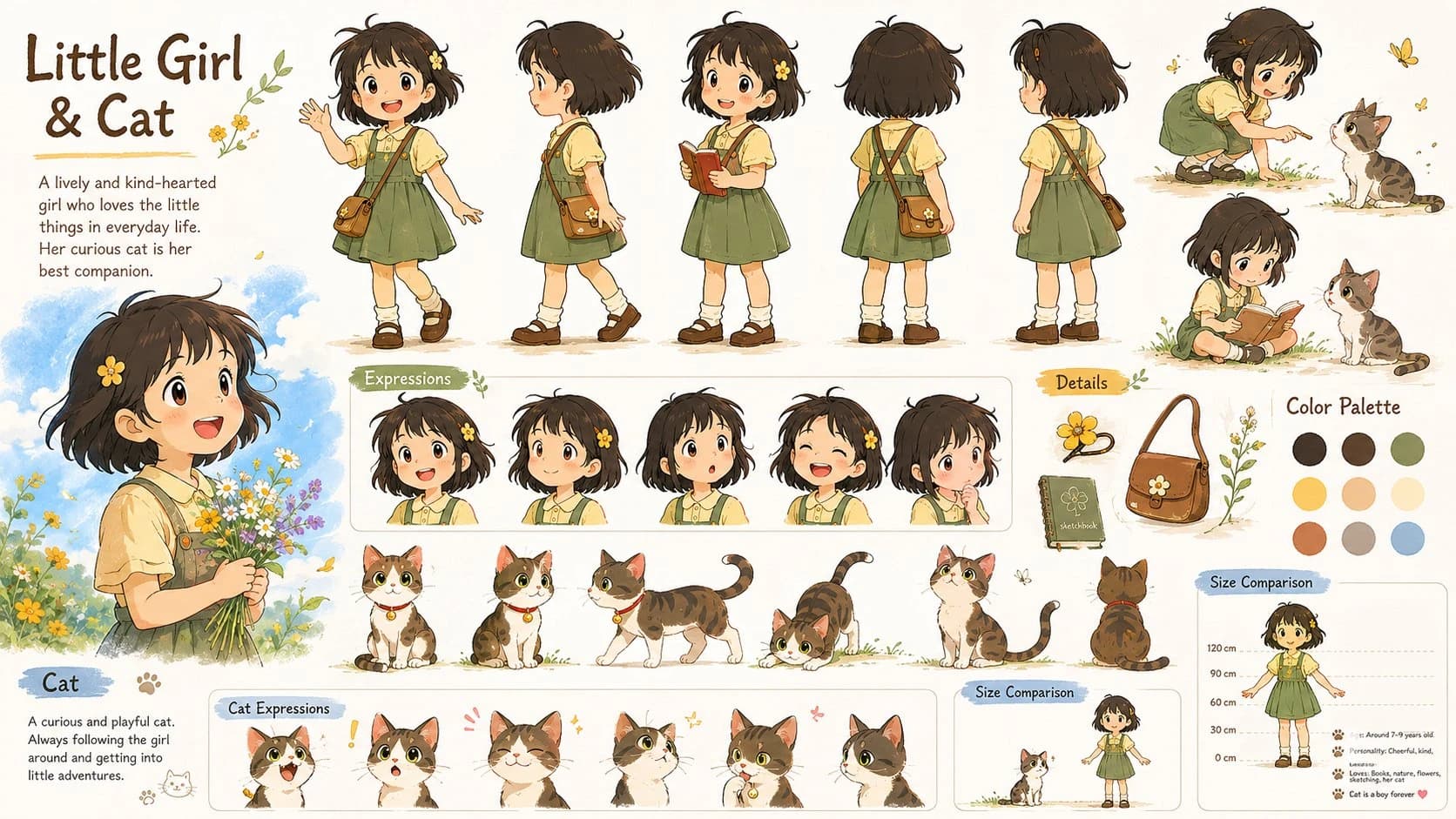 A watercolor anime character sheet for a little girl and tabby cat, including turnaround views, expressions, accessories, and color swatches