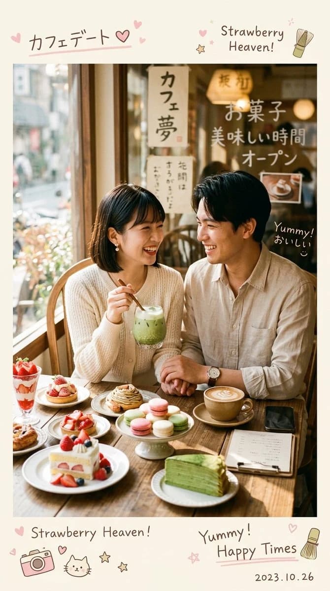 A young couple smiles at each other while enjoying an array of desserts and drinks in a cozy café filled with soft lighting and aesthetic details
