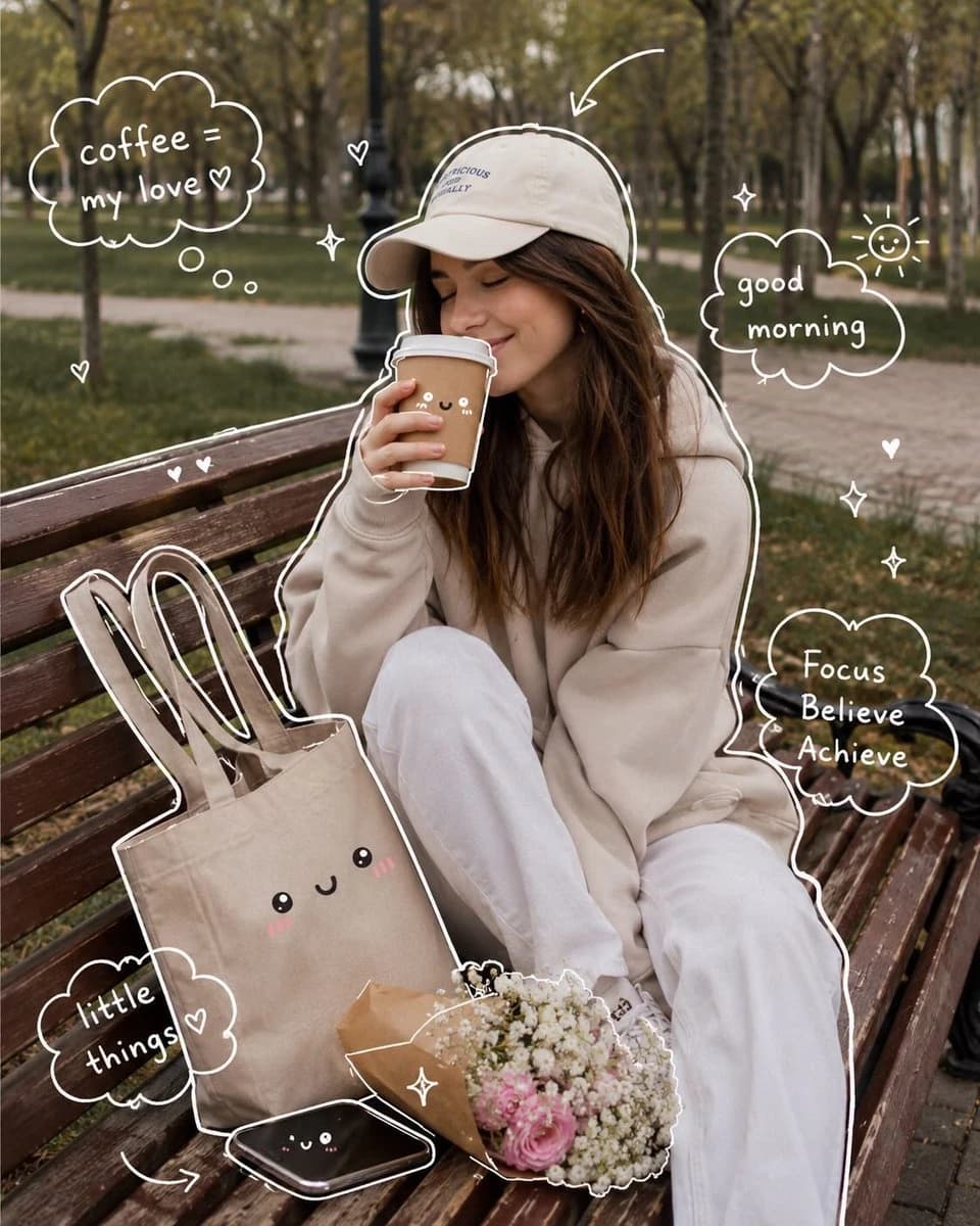 A young woman in a beige hoodie and cream cap enjoys coffee on a park bench, surrounded by whimsical doodles and autumn scenery