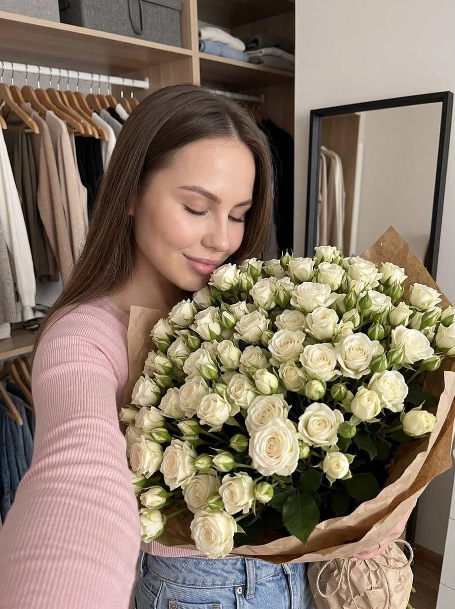 Cozy Flower Selfie with realistic portrait lighting, expressive subject detail and polished editorial photography