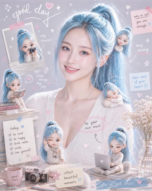 A smiling young woman with blue hair is surrounded by cute chibi versions of herself engaged in various activities, set against a pastel scrapbook backdrop filled with doodles