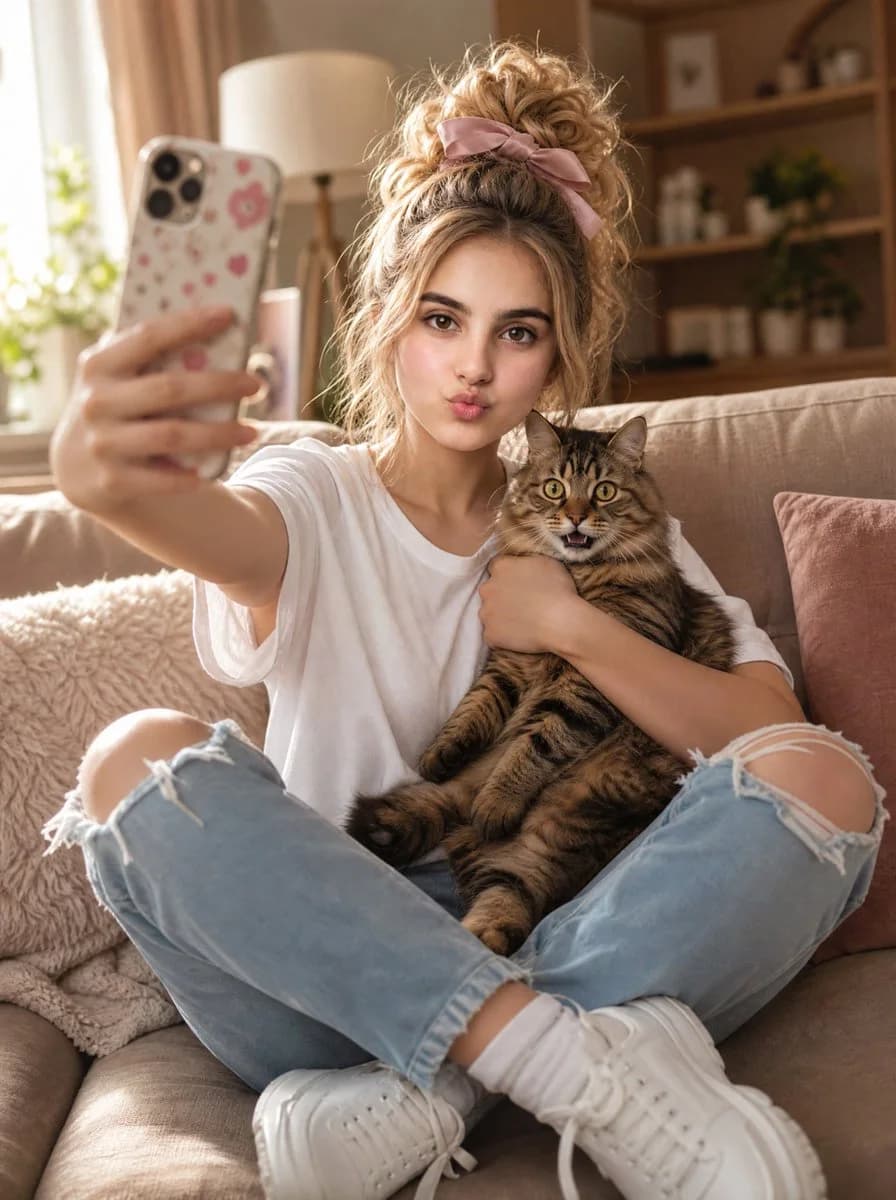 A young woman with a messy bun takes a selfie while holding a surprised tabby cat on a cozy beige sofa.