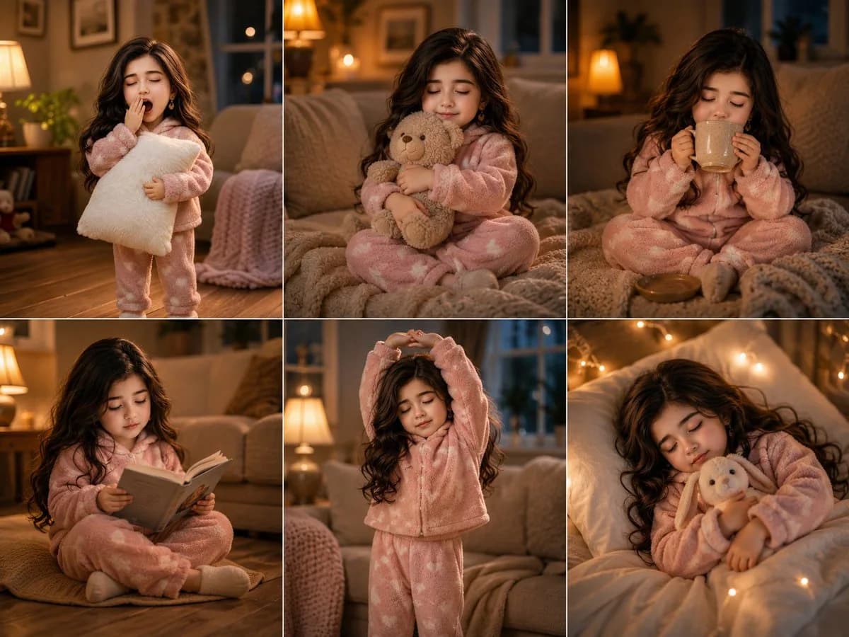 A warm realistic 3x2 photo collage of a child moving through six cozy weekend bedtime stages