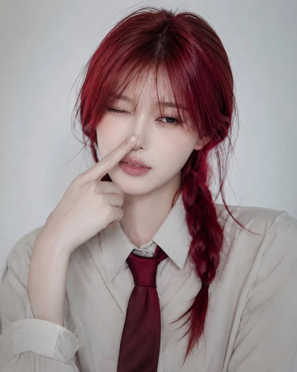 Woman with a crimson braid in a beige shirt and burgundy tie against a studio backdrop