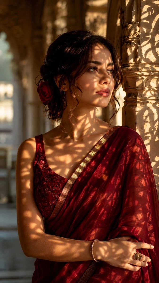 Crimson Silk Saree Palace Portrait ad creative visual