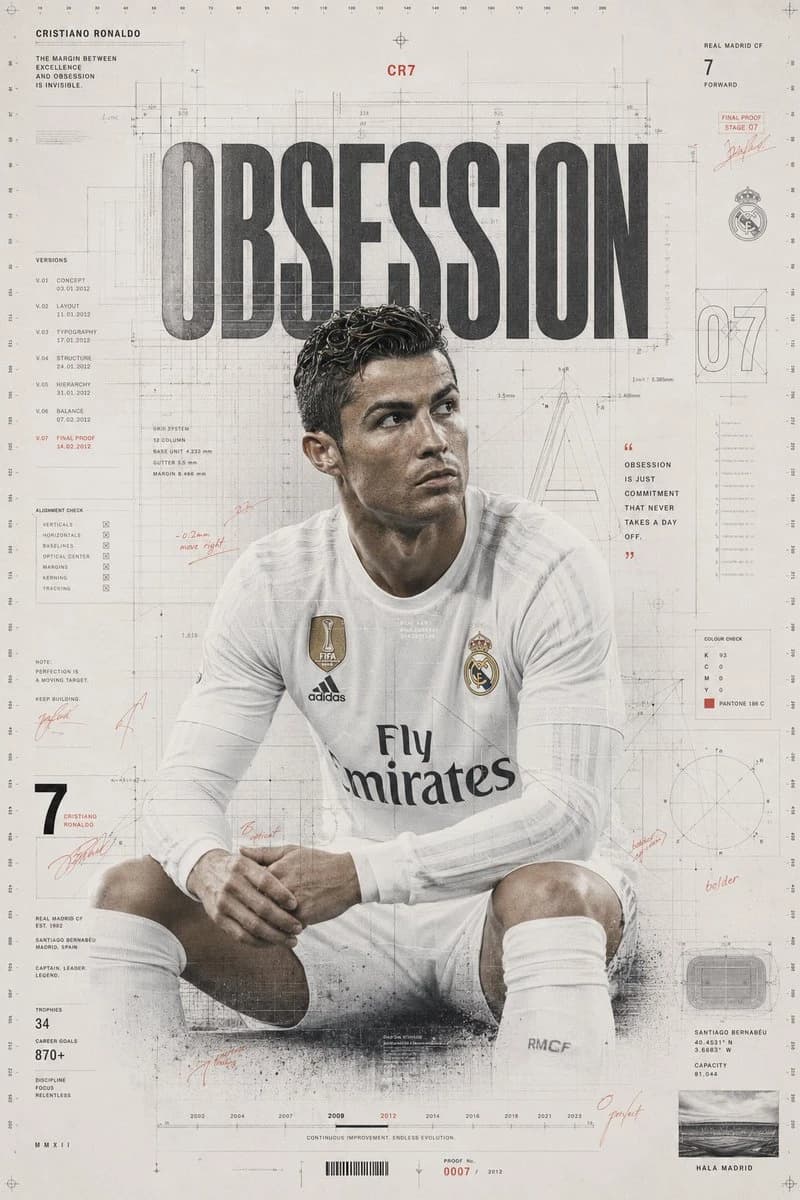 Cristiano Ronaldo collector poster visualizing obsession through elite graphic design, layered typography, and sports identity styling.
