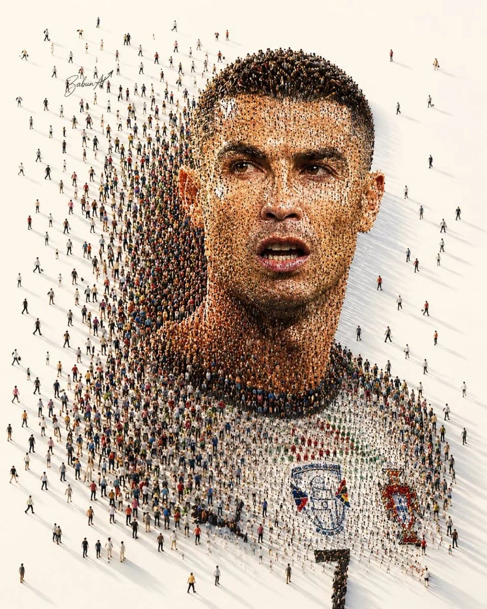 Football portrait formed from a dense crowd mosaic, blending supporter faces into a large athletic hero image