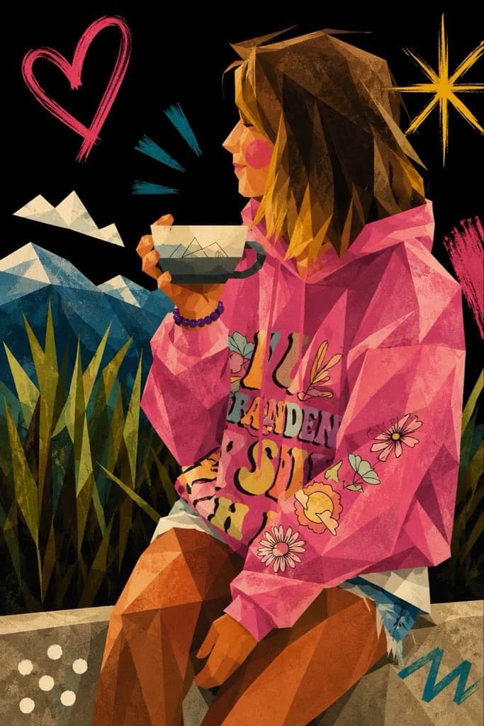 A young woman in a pink hoodie, holding a cup, sits against a geometric landscape with playful abstract elements and vibrant colors