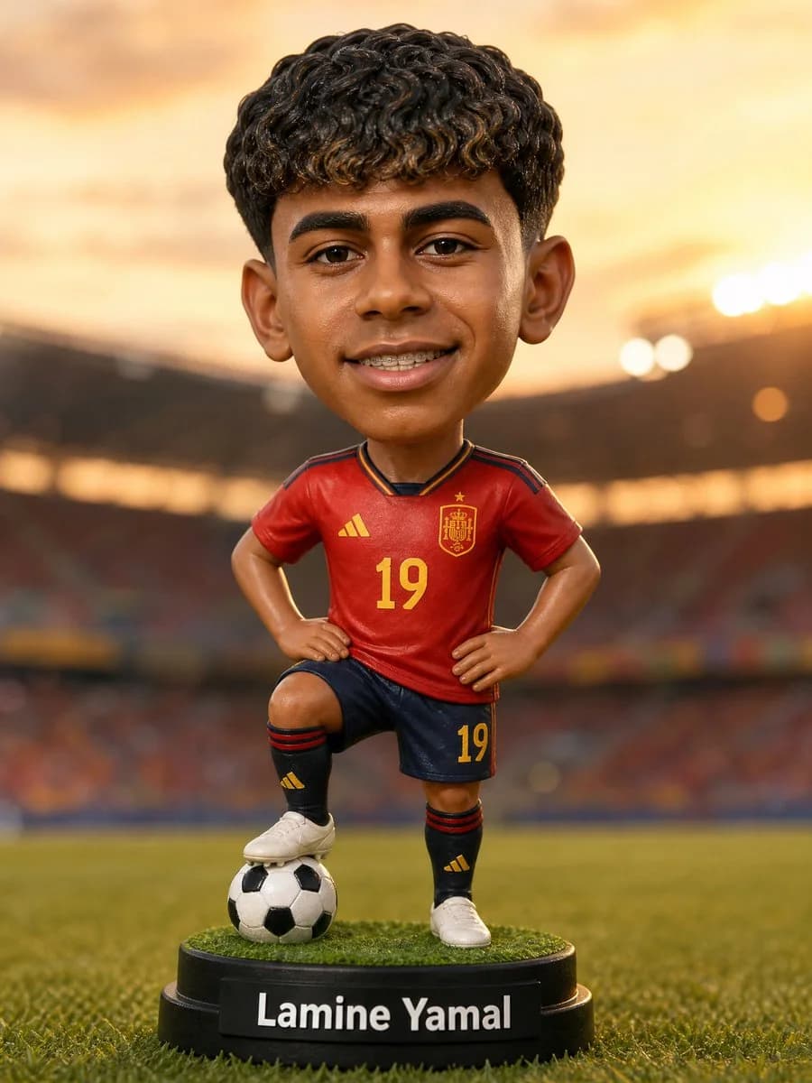 Photorealistic custom soccer bobblehead figure on a grass-textured base with stadium bokeh and warm golden-hour lighting