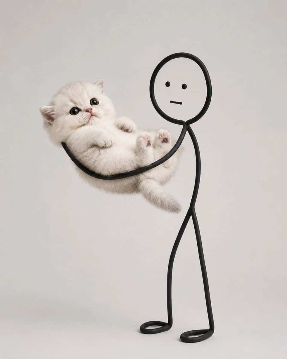 Fluffy white cat interacting with a simple black stick-figure doodle on a clean studio background