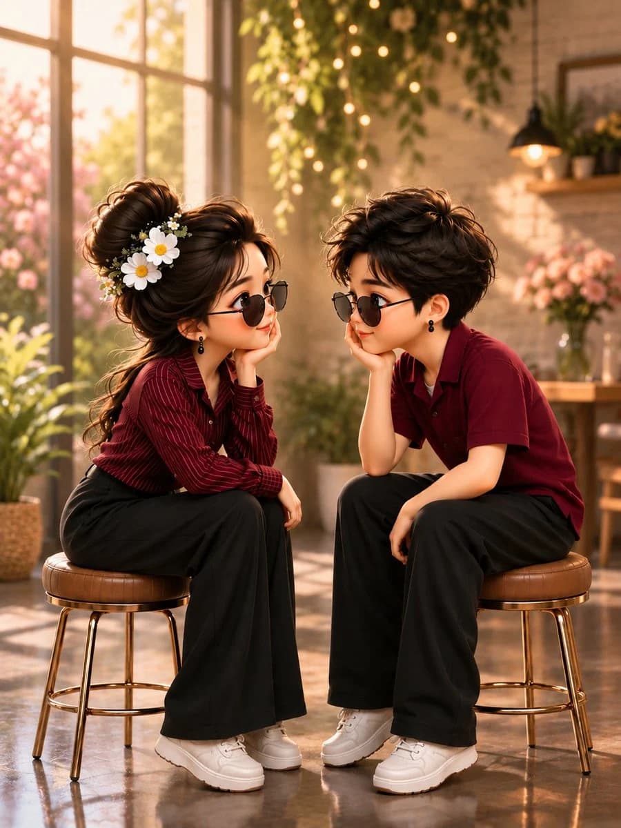 Warm 3D chibi couple portrait with two stylish characters sitting face-to-face on stools
