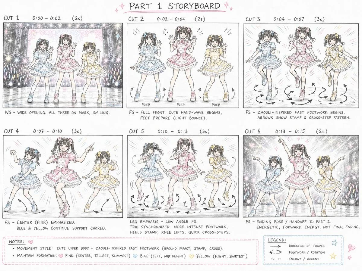 Cute colored-pencil storyboard sheet on white paper with clean panels and hand-drawn planning notes for a visual sequence