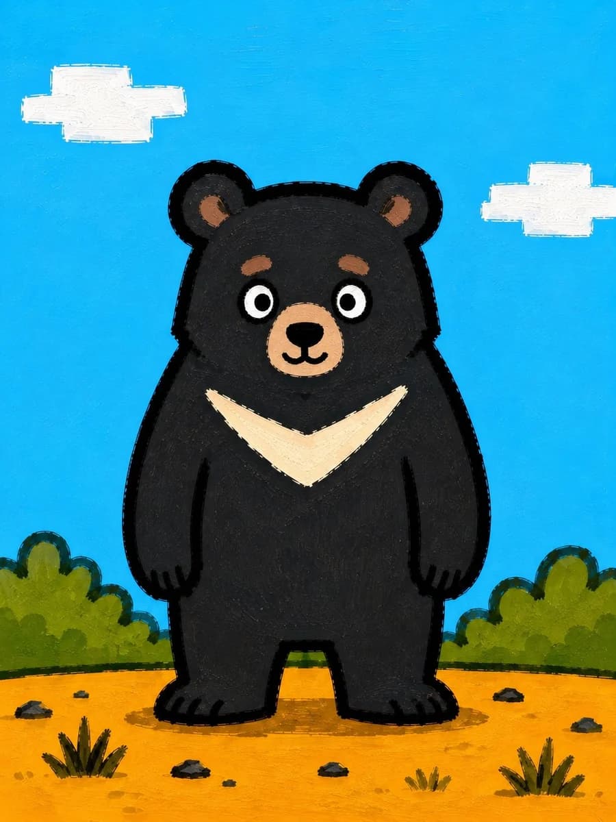 Cute painted black bear children’s book illustration with a bright cyan sky, warm orange ground and hand-painted texture