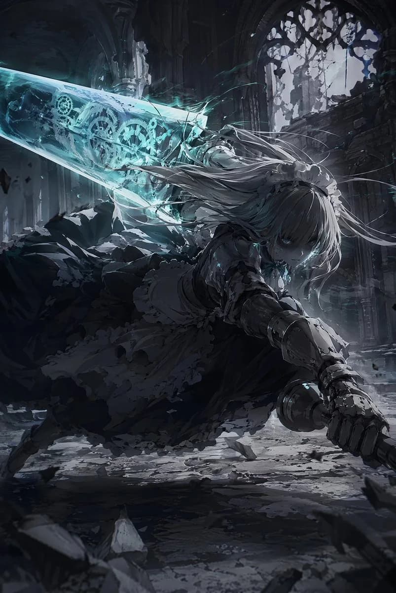 Silver-haired armored battle maid charging through a ruined gothic cathedral with a glowing cyan clockwork energy blade
