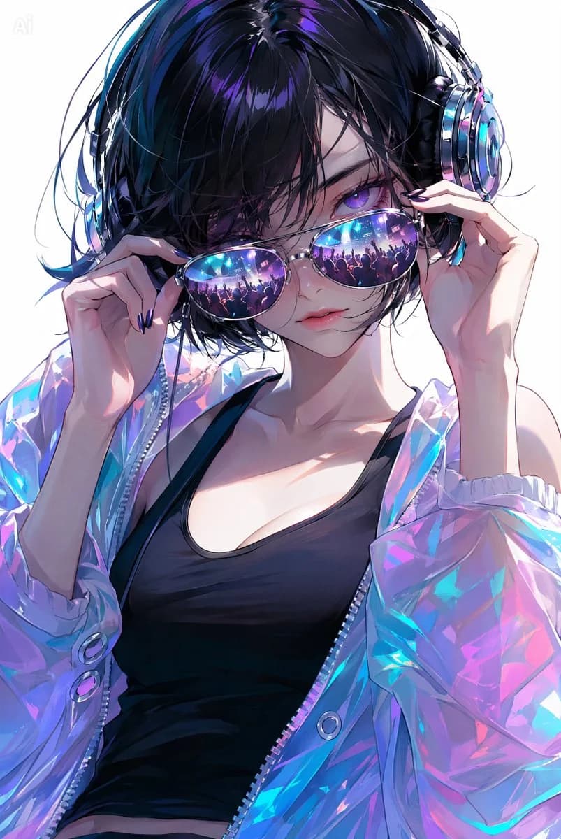 A polished anime-style fashion portrait of a cool headphone-wearing woman with mirrored concert sunglasses and an iridescent cyber jacket