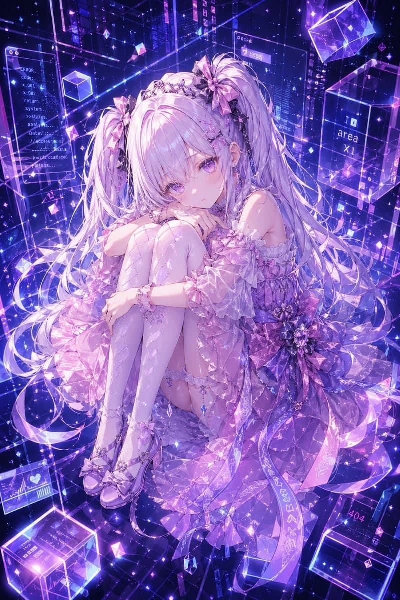 A delicate anime girl with long silver-lilac twin tails sits curled up in a translucent pink and lavender dress, surrounded by a luminous cyber dreamscape