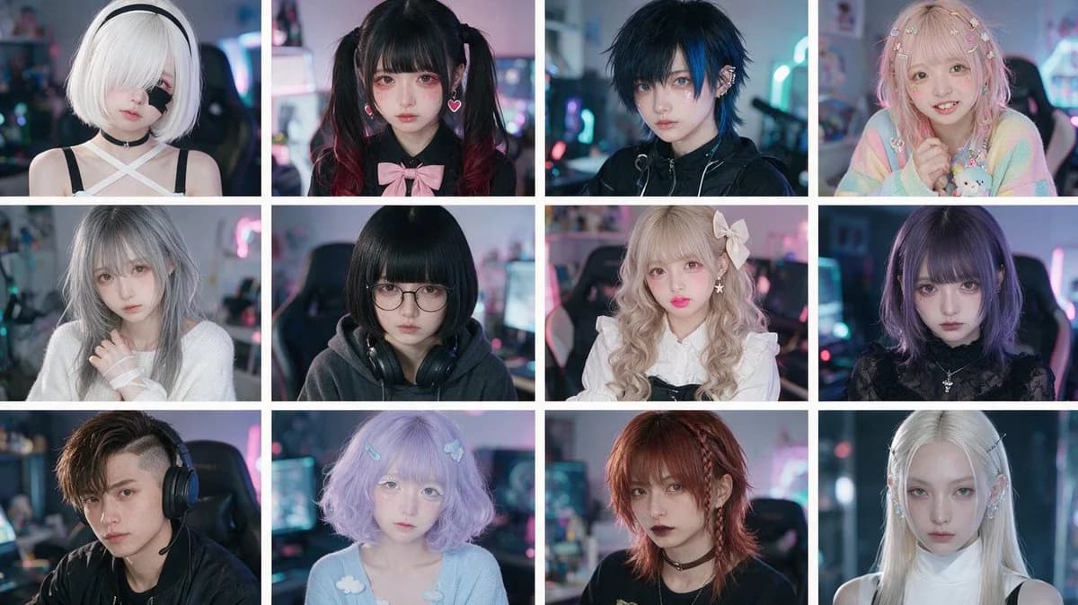 Cyber-Kawaii Influencer Portrait Grid with side-by-side visual comparison, clear panel structure and readable style contrast