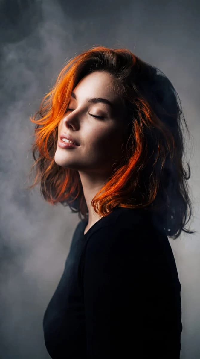Cyber-noir portrait with side profile pose, high-contrast chiaroscuro light, and film grain