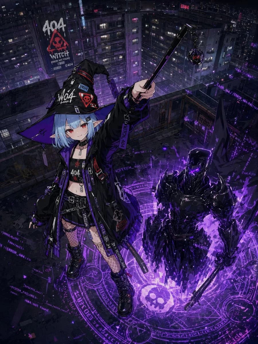 A cyberpunk witch with icy blue hair and glowing red eyes stands on a rooftop, raising a wand above a dark, futuristic cityscape