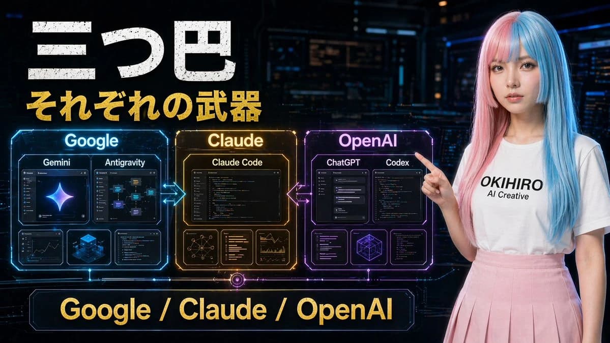A futuristic tech comparison poster features glowing holographic panels for Google, Claude, and OpenAI in a dark cyberpunk control room