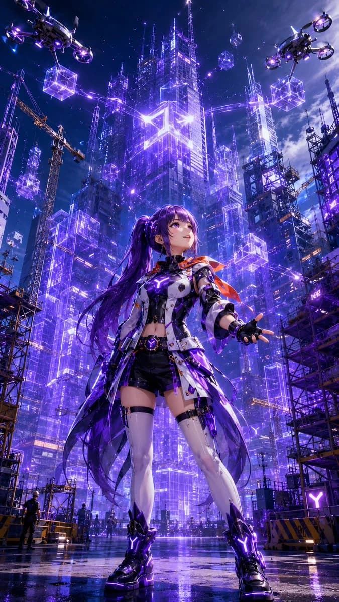 Cyberpunk Anime Heroine Megacity with game-ready character styling, dynamic scene detail and polished concept art presentation