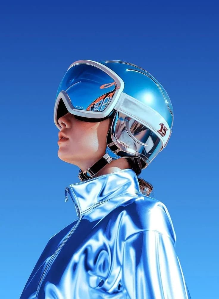A young woman in a chrome-blue jacket and futuristic helmet poses in side profile against a gradient blue backdrop.