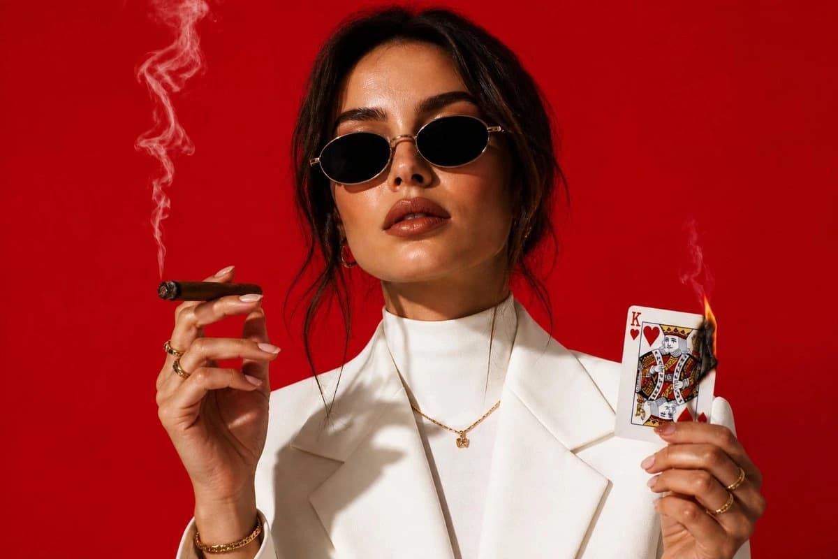 A young woman in a white blazer holds a burning playing card and a cigar, set against a vibrant red background