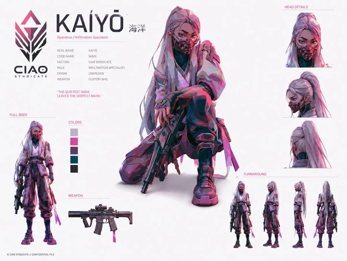 Clean cyberpunk anime operative identity board with dossier text, detail studies, and turnaround views