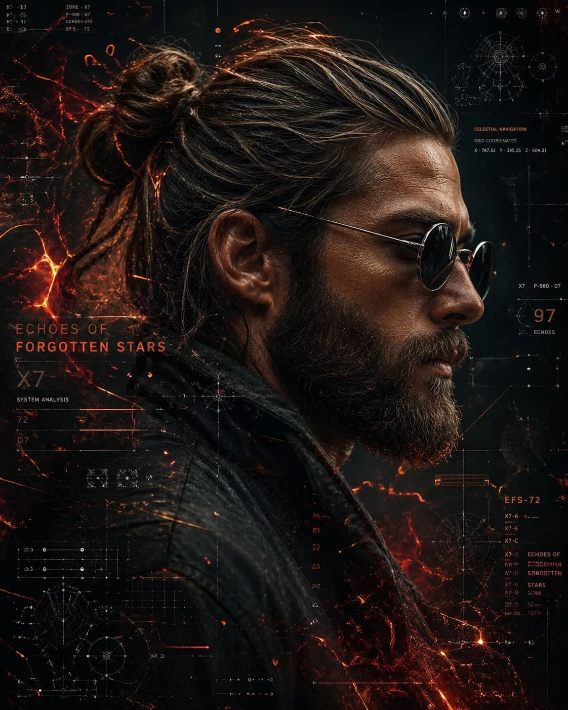 A rugged man with a tied-back bun and beard wears dark sunglasses and a leather jacket, set against a glowing sci-fi interface