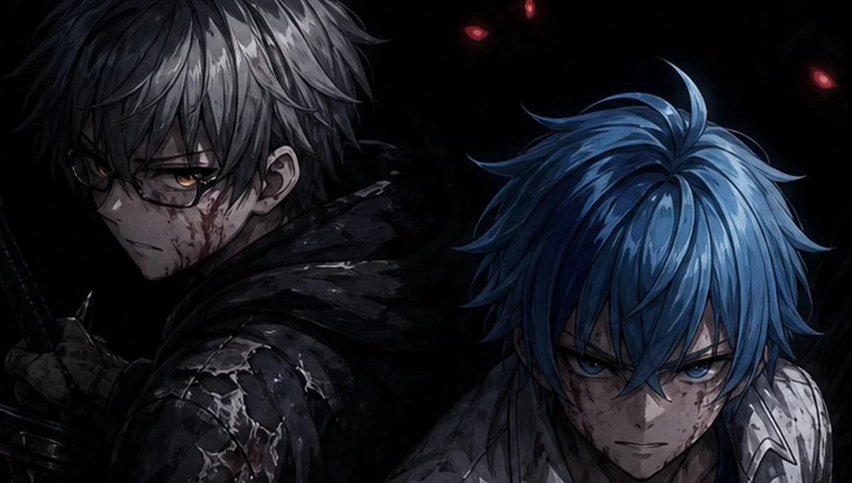 Dark anime warrior poster with censored faces, dramatic team composition, and intense action key-art lighting