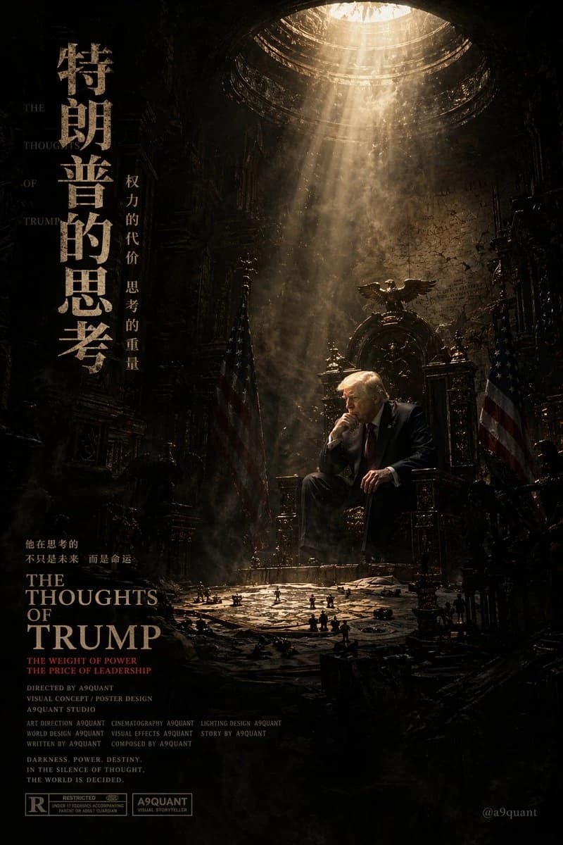 A seated figure in a dark throne room, illuminated by light, surrounded by shadows and American flags.