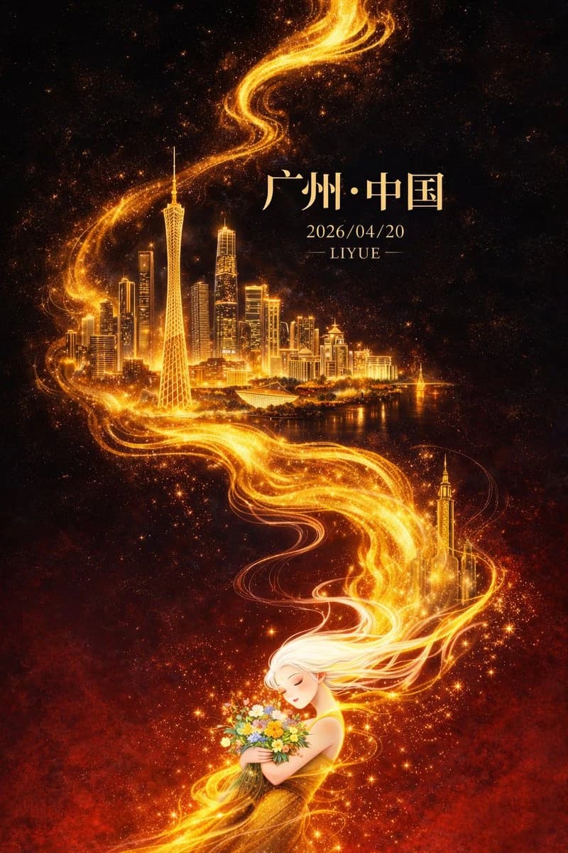 A golden energy line flows through a dark-red and black background, showcasing Guangzhou's skyline and a serene woman holding flowers