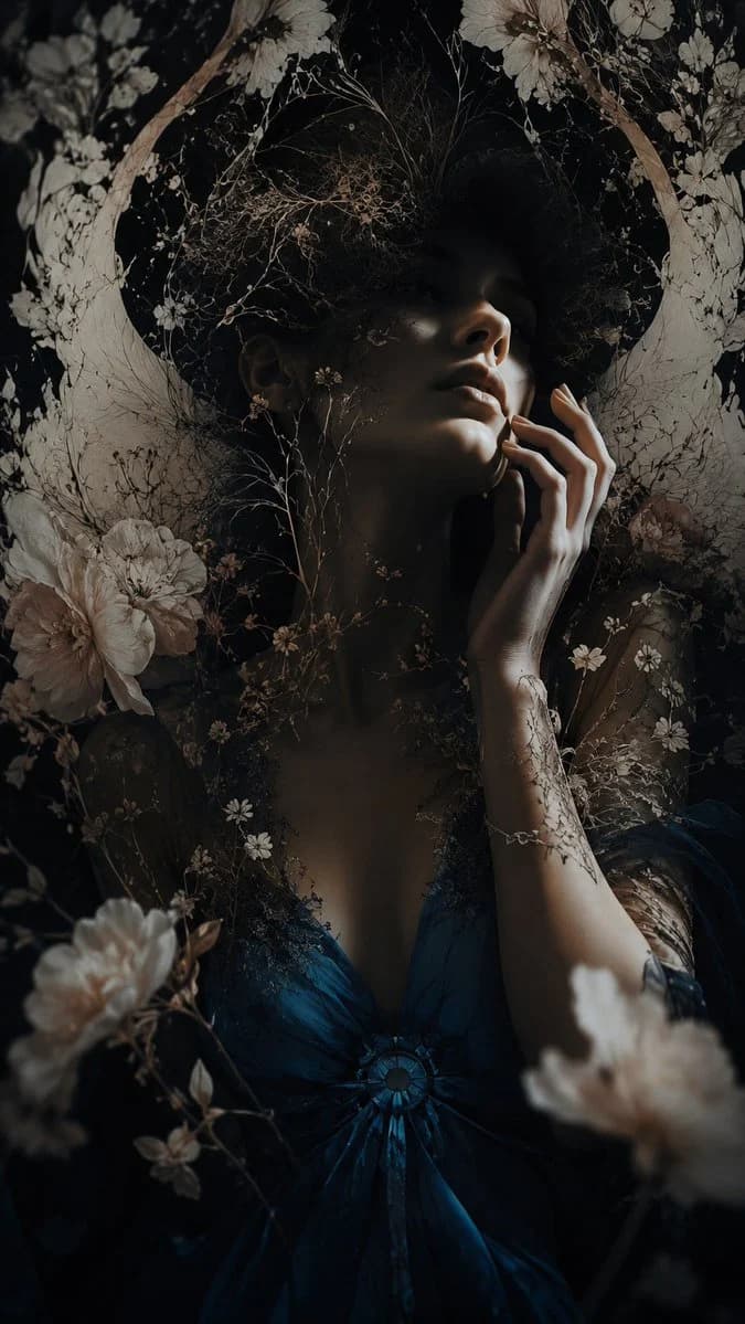 Dark Floral Chiaroscuro Portrait with social-ready composition, lifestyle framing and shareable visual storytelling