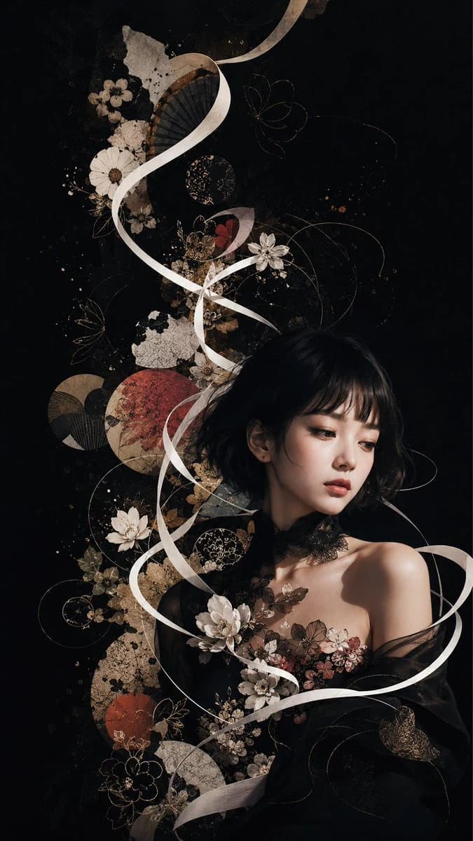 Dark Floral Japanese Editorial Portrait: social media prompt preview with platform-ready composition and clear design.