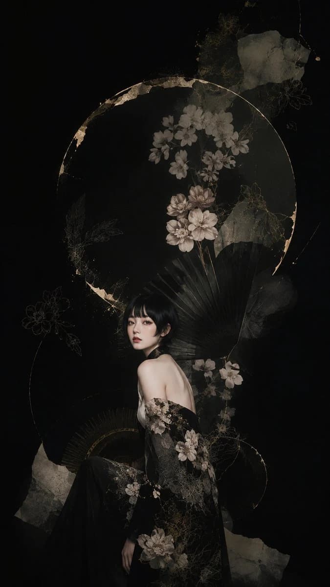 Dark Floral Kimono Portrait: social media prompt preview with platform-ready composition and clear design.