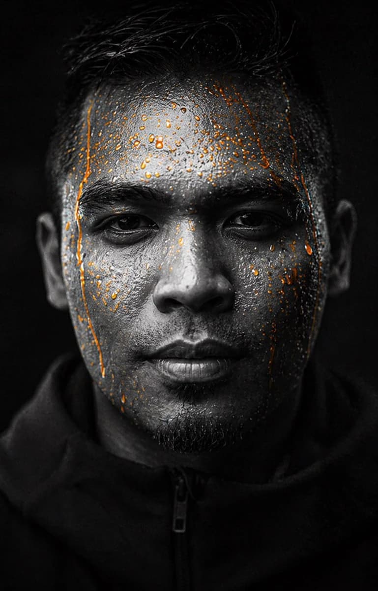 A male athlete with short dark hair and stubble stares intensely at the camera, illuminated by low-key lighting against a nearly black background, with droplets of orange liquid