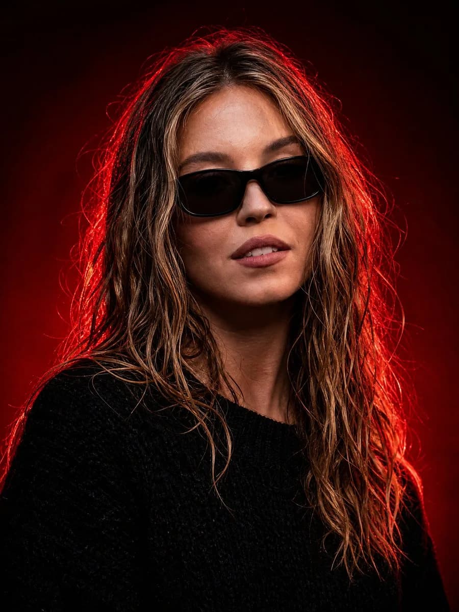 An ultra-realistic cinematic studio portrait with black styling, sunglasses, and dramatic crimson rim lighting for a powerful luxury editorial look