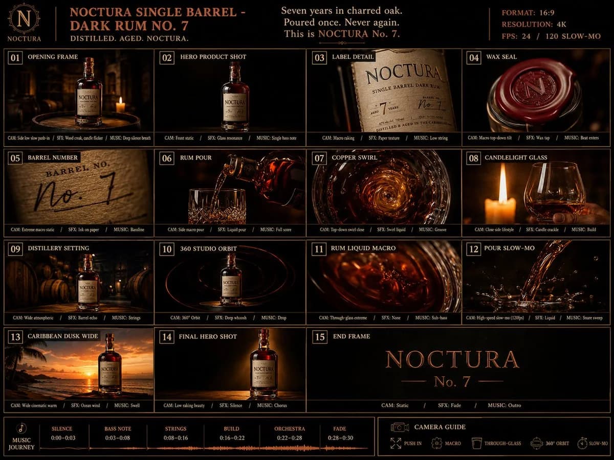 Storyboard layout for a premium dark rum commercial featuring various shots, including product details and pouring scenes, set against a deep obsidian background.
