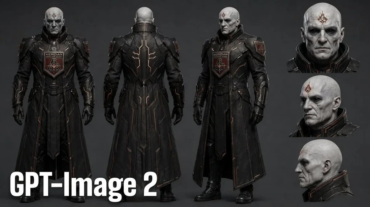 Dark near-future sci-fi commander character sheet with armored full-body turnaround views, cropped head studies, and copper circuit trim