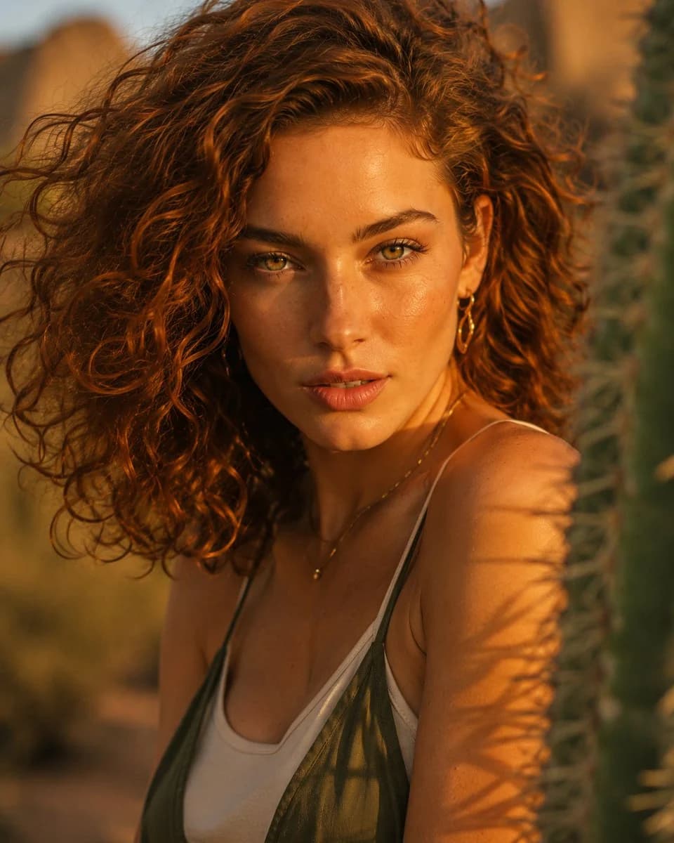Golden hour desert editorial portrait with warm sunlight, fashion styling, and cinematic travel atmosphere