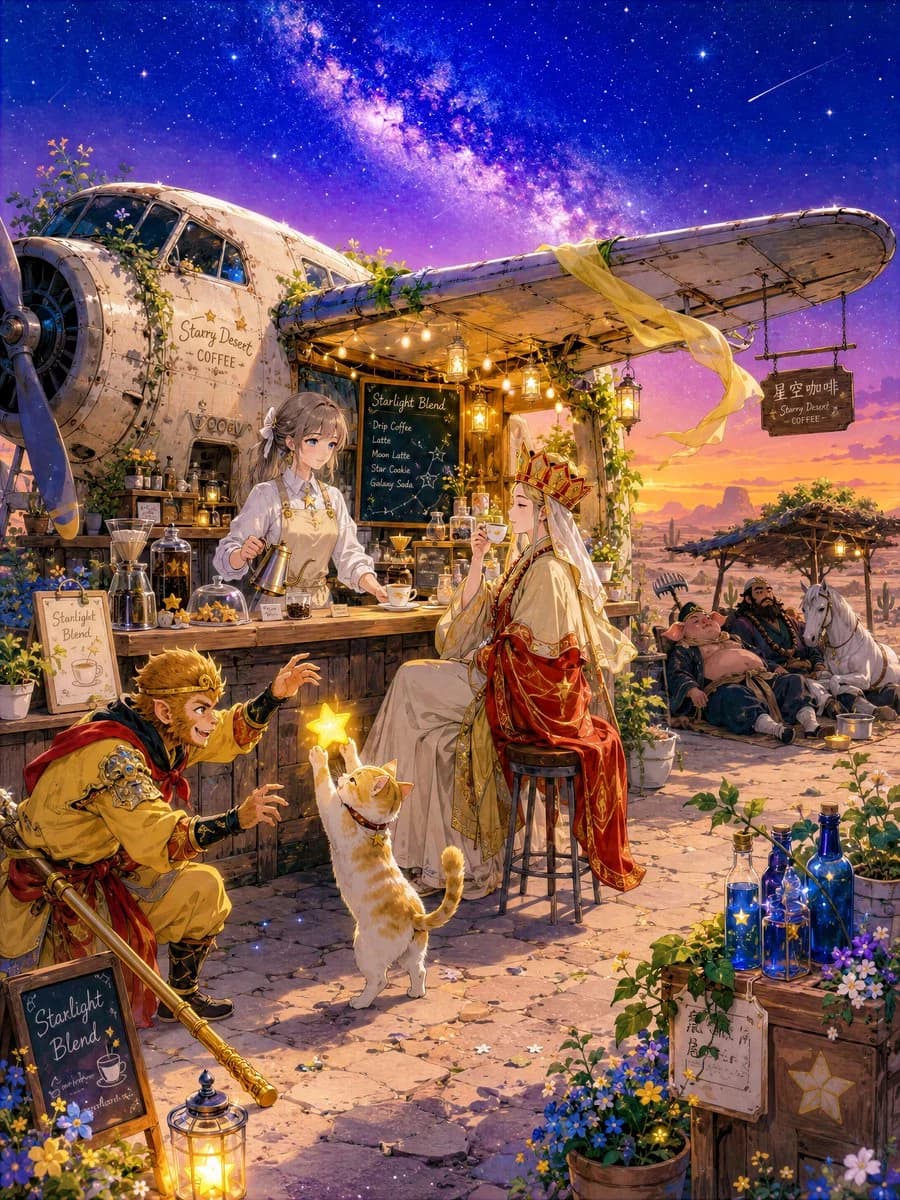 Airplane-themed cafe glowing beneath stars in a quiet desert landscape