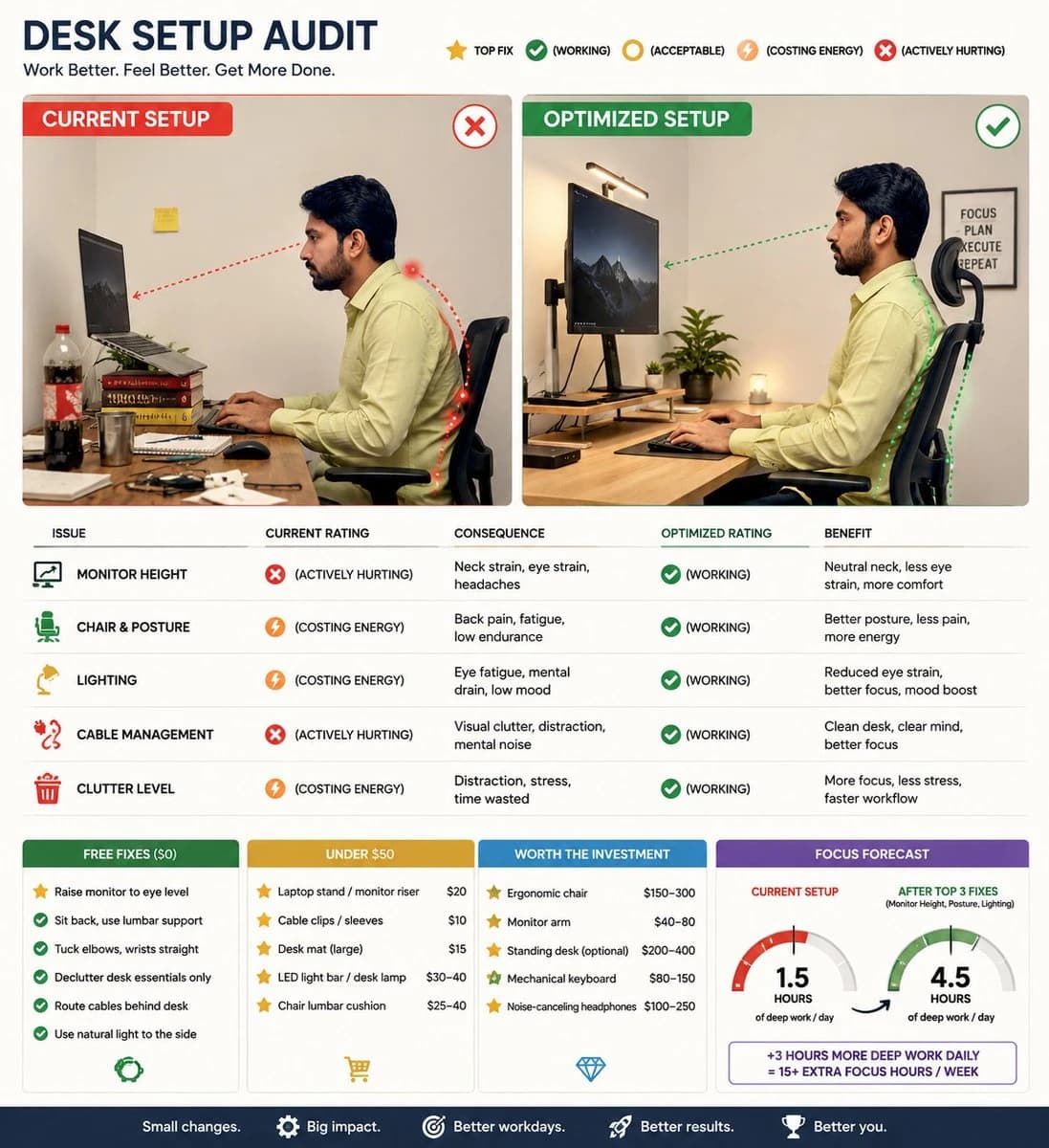 The infographic compares a current desk setup and an optimized version, highlighting issues like monitor height and clutter with ratings and suggested fixes