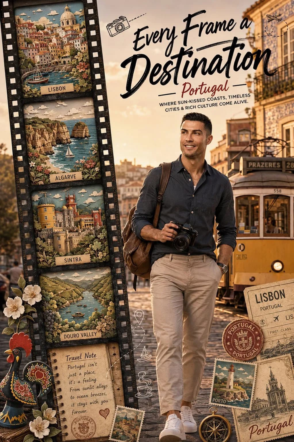 Portugal travel filmstrip poster combining landmark snapshots with a traveler holding a camera in a vintage postcard layout