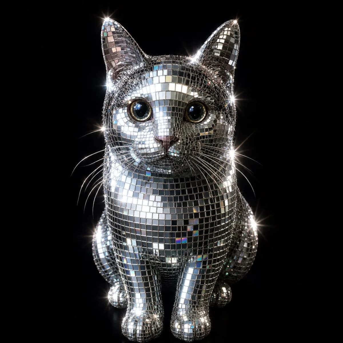 Mirror-ball cat sculpture sparkles in a dark studio with tiny reflective tiles and bright star-like highlights