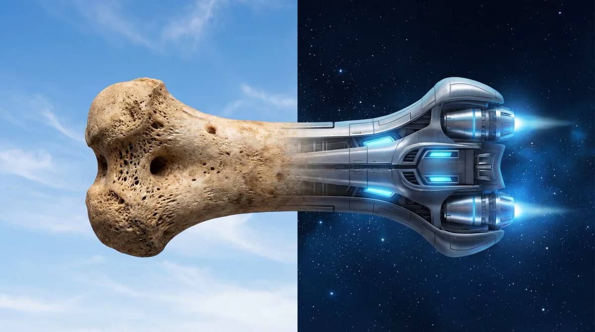 Split-frame comparison where a dog bone morphs into a futuristic spacecraft against sky and starfield backgrounds