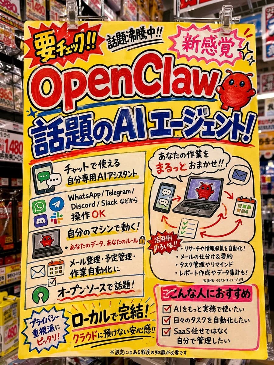 OpenClaw promotional poster with colorful text about AI assistant features and communication platforms.