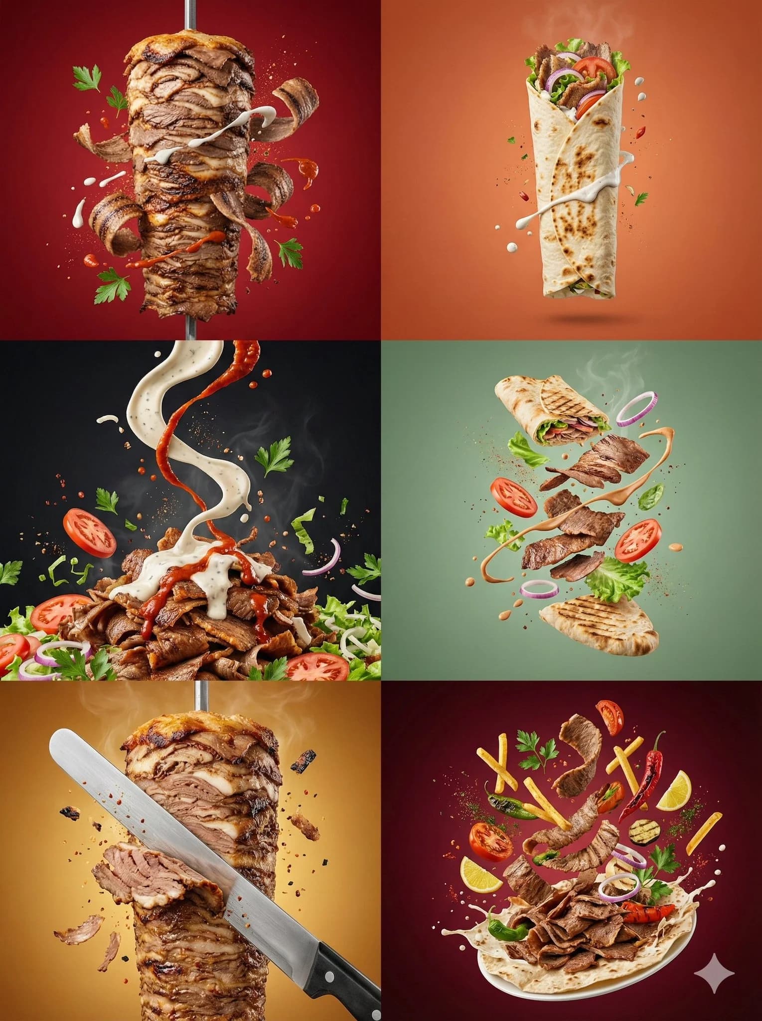 GPT Image 2 prompt example showing a six-panel commercial food photography set with doner wraps, sauce pours, and floating ingredients