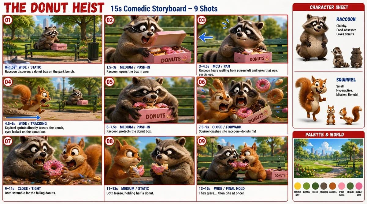 A vibrant 3D animated storyboard for "The Donut Heist" features a raccoon and squirrel in comedic scenes centered around a donut box